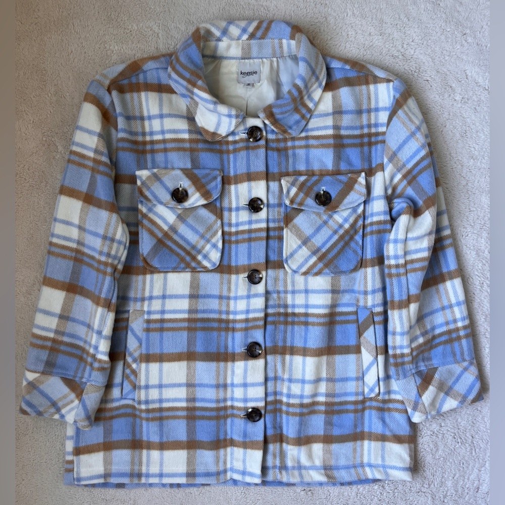 Kensie Jeans Plaid Shacket in Blue and Brown Women Size Medium
